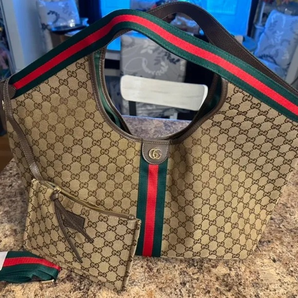 Gucci Handbags - Gucci Tan Monogram Tote with Red and Green Stripe